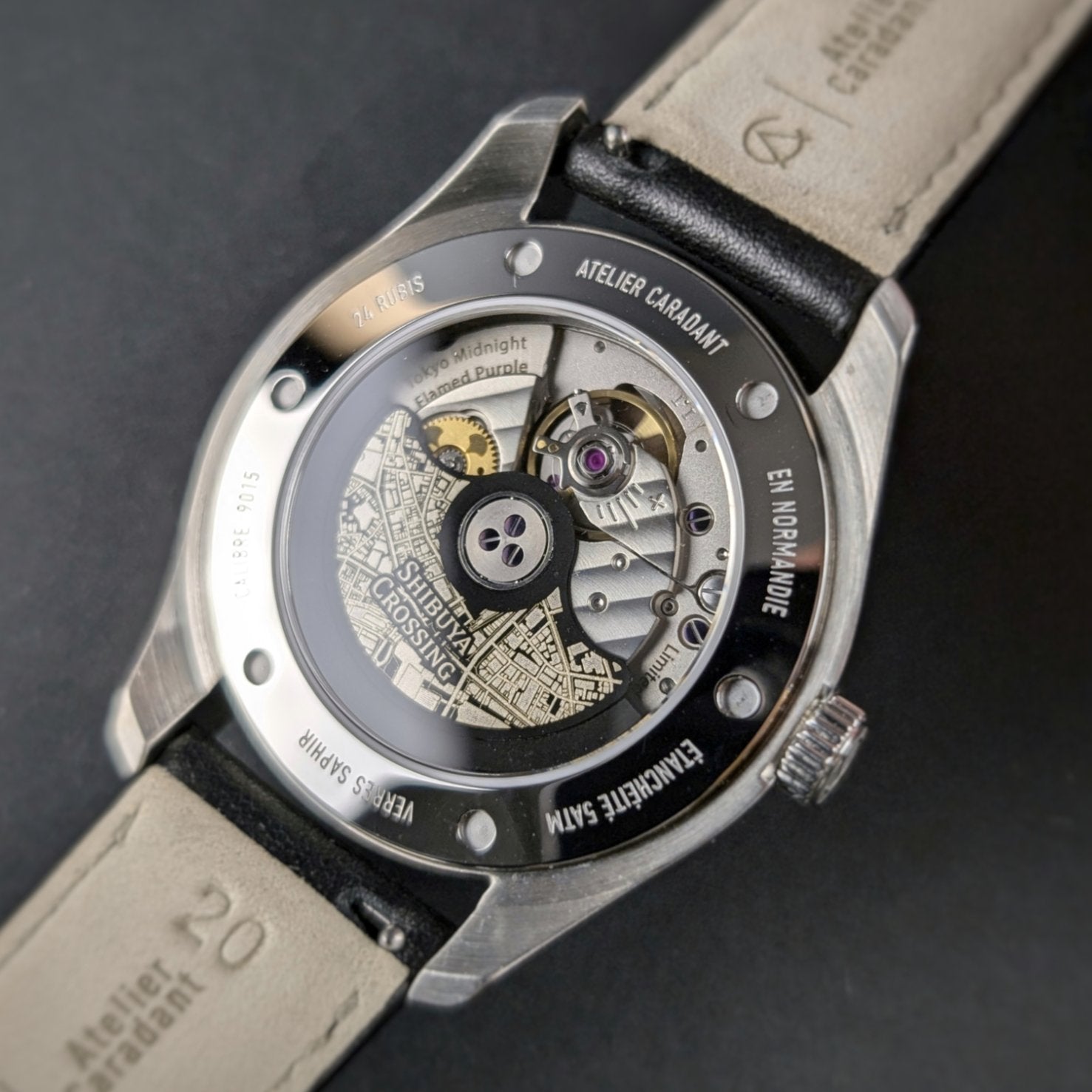 Tokyo watch black Midnight Flamed Purple - city map - caseback- Atelier Caradant